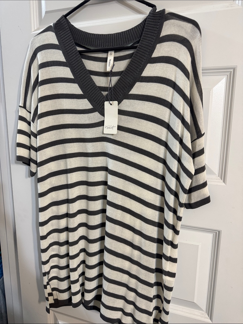 Wishlist Grey & White Striped V-Neck Short Sleeve Top